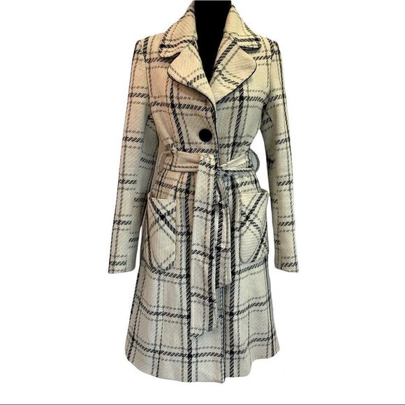 Adolfo cream black gray plaid check fall/winter coat size Medium - Picture 1 of 11